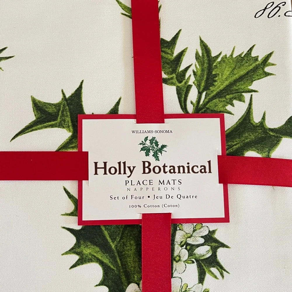 Williams Sonoma Holly Botanical Place Mats Set of 4 Holiday Winter Green Berry